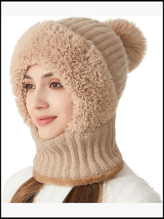 Double Layer Fleece Lined Knit Balaclava Beanie Scarf Mask Set Snow Hat main image 7